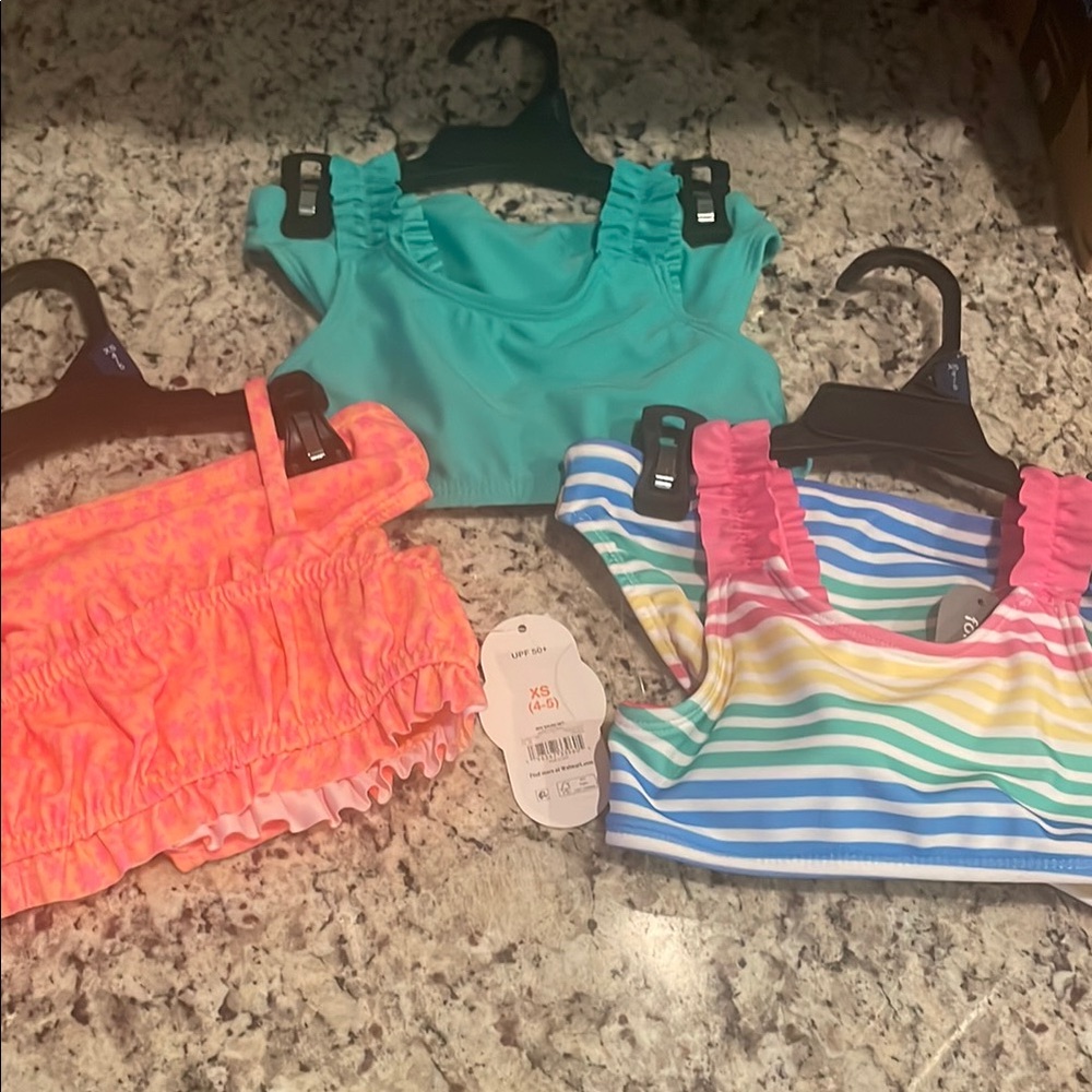 Kids' Ruffle Strap Swim Top - Teal, Neon Coral & Rainbow Stripe